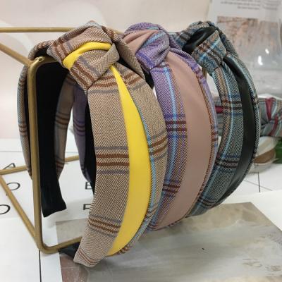 China Fashion Retro New Lattice PU Fabric Plaid Print Cross Knot Headband Women Tie Edge PU Plaid Wide Headband for sale