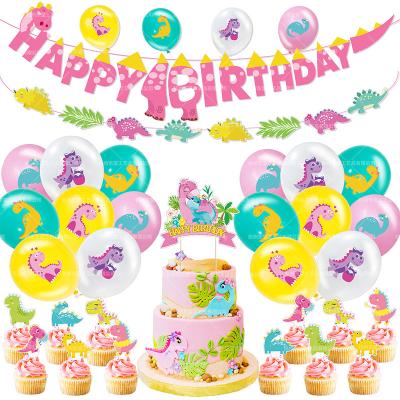 China Wholesale Pink DIY Dinosaur Theme Girl Birthday Party Decoration Set Dinosaur Birthday Banner Balloon Cake Toppers Decoration for sale