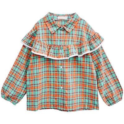 China Fashion Girl Anti Shrink Spring Tops Ruffle Princess Lace Up Green Plaid Long Sleeves Girls Shirts for sale