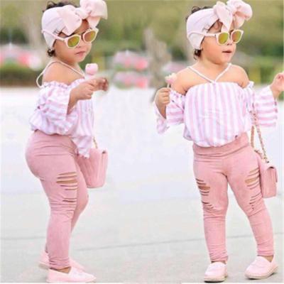 China Comfortable Wholesale Fashion Three Piece Striped Tops And Pants Kids Dressing Sets Girl Ripped Clothes for sale