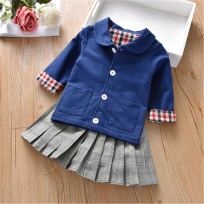 China Two Piece Dress Baby Kids Cardigan Jacket Soft Plaid Half Skirt Set With Pocket for sale