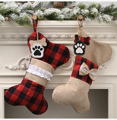 China Perfect for Gifts for Dogs or Cats Ourwarm Wholesale Christmas Decoration Dog Bone Burlap Plaid Christmas Stocking for Pet for sale