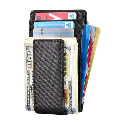 China GENUINE LEATHER Money Clip Carbon Fiber RFID Blocking Front Pocket Leather ID Credit Card Holder Wallet For Men Black for sale