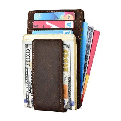 China GENUINE LEATHER Men's Leather Front Pocket Card Holder Wallet With Silver Magnetic Clip for sale