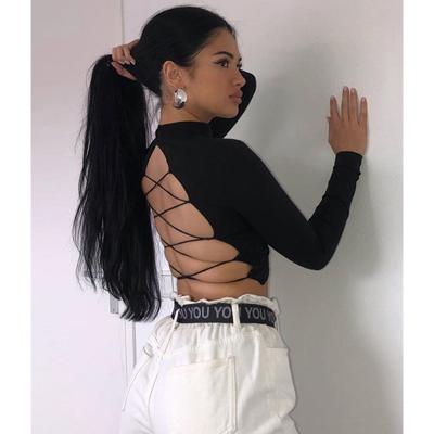 China parride cropped fit t-shirts ladies polyester backless slim single sleeve cotton long black t-shirts crop tops for women for sale