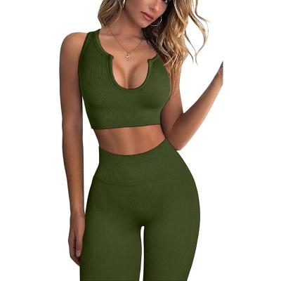 China Nylon Spandex Breathable Eco-Friendly Fashion High Waist Seamless Ribbed Fitness Women Yoga Sets 2 Pieces for sale