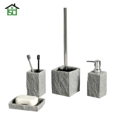 China Viable Granite Resin Soap Dispenser Poly Tumbler Soap Dish Toilet Brush Holder Bathroom Accessories Set for sale