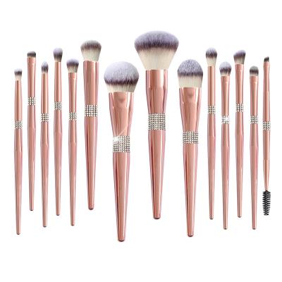 China Angular Blush 14 Pieces E404 Set Pink Crystal Glitter Rose Gold Diamond Makeup Brush Set with Custom Logo Private Logo for sale