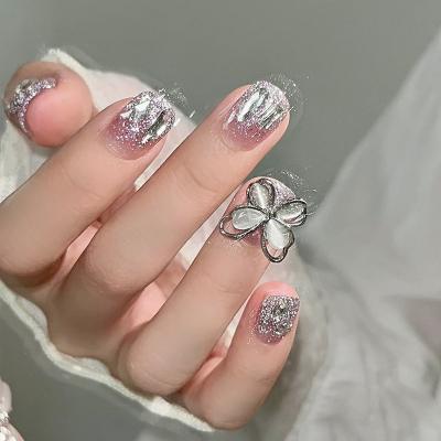 China Design ins Tiktok hot False france style false nail arts Rhinestones fingernails short fake nails press on nail Butterfly camellia rose for sale