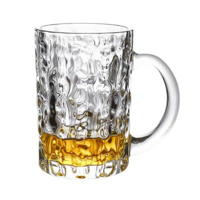 China Home Bar Hotel Restaurant Wholesale 450ml Bark Pattern Emboss Straight Beer Glass Mug With Handle for sale