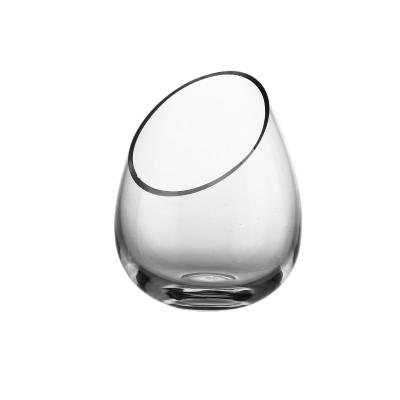 China Viable creative personality red wine glass, cold juice drinks glass, oblique mouth stemless wine glasses for sale