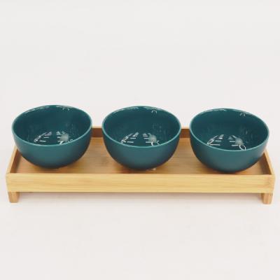 China Sustainable Round Porcelain Green Ceramic Tableware Making Sauce Pottery Dish Set Dipping Bowls With Bamboo Tray for sale