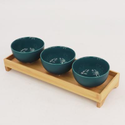 China Sustainable Side Dish Sauce Set 3 Serving Bowls Ceramic Soy Sauce Bowl Dark Green Dessert Bowl for sale