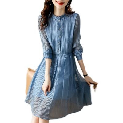 China 2021 autumn new style fashion breathable fairy neckline fungus waist pleated long sleeve temperament dress for sale