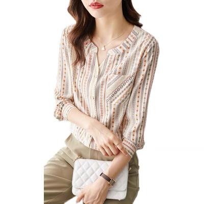 China New anti-static foreign trade Italy autumn V-neck printed shirt women's long sleeve chiffon tops for sale