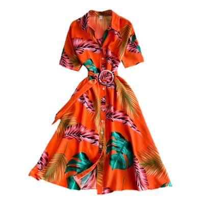 China 2021 summer new size floral print lapel single breasted dress breathable lapel skirt holiday closure French aging beach skirt for sale