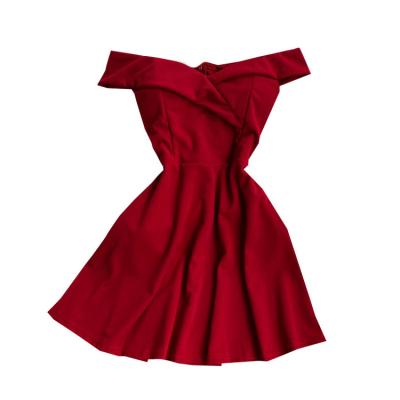 China Breathable Sexy Shoulder-cut Waist Collar Summer Solid Color A Shaped Women's Slim Slim Short Dress Small Skirt for sale