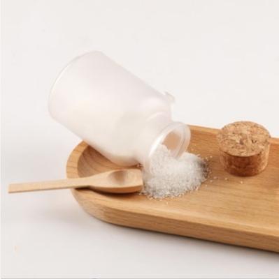 China Household Products Wholesale Cosmetic Packaging Empty Transparent Round Body Scrub 200ml ABS Plastic Bath Salt Bottle With Cork Wooden Spoon for sale