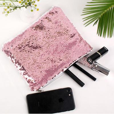 China Lady's Reversible Sequin Cosmetic Pouch Glitter Glitter Makeup Pencil Sublimation Pink Zippered Shiny Bag for sale