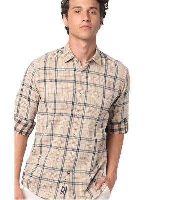 China New Fashion Checked Fit Men's Breathable Slim Fit Shirt With Patch Pocket Pure Cotton Mens Check Brown Long Sleeve Top for sale