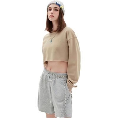 China Anti-Wrinkle Crop Hoody Top Sweatshirt And Pant Set Custom Oversized Women With Logo Embroidered Crewneck Long Sleeve Pullover 2021 Wholesale for sale