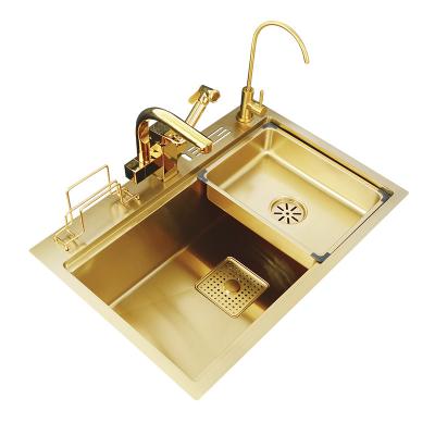 China Without Faucet Gold Nano Kitchen Sink 304 Stainless Steel Single Basin Kitchen Sink Topmounted & Concealed Tools Rack & Drainer basket for sale