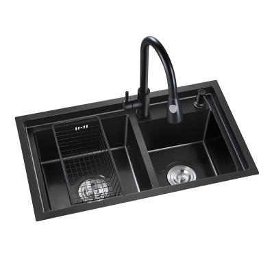 China Without Faucet Black Double Bowl Nano Sink Kitchen Stainless Steel Step Dishwasher Manual Basin for sale