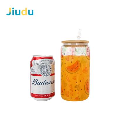 China Wholesale 12oz 16oz Sublimation Beer Can Shaped Drinkware Clear Fruit Juice Beer Glasses Cups With Bamboo Lid New For Heat Sublimation for sale