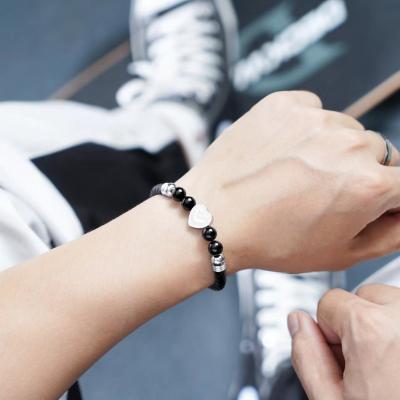 China 2022 Popular CLASSIQUE High Quality Silver and 18K Gold Black Leather Color Round Black Agate Loves and Cool Stainless Steel Men Bracelet for sale