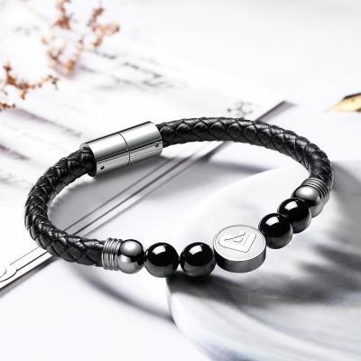 China 2022 CLASSIQUE OEM High Quality Black Round Black Leather Silver Agate Love Simplicity Stainless Steel Mens Bracelet for sale