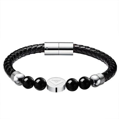 China CLASSIC Popular High Quality Round Black Leather Silver Agate Love Simplicity Easy To Use Stainless Steel Mens Bracelet for sale