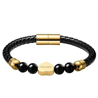 China CLASSIC Fashion High Quality 2K18 Gold Round Black Leather Agate Love Simplicity Easy To Use Stainless Steel Men Bracelet for sale