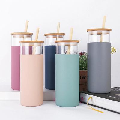 China Viable [JT-GS480] With Straw 480ml Wide Mouth Bamboo With Silicone Sleeve Glass Drinking Water Bottle for sale