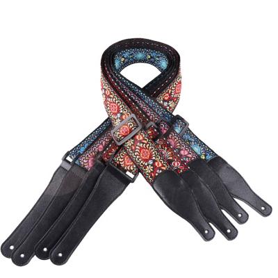 China All Kind Wholesale Jacquard Woven PU Leather Guitar Cheerhas Real Leather Finishes Pure Polyester Cotton Guitar Straps for sale