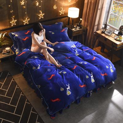 China Factory Wholesale Disposable King Size Flannel Fleece Shirted Ruffled 4 Pcs Bedspread Set for sale