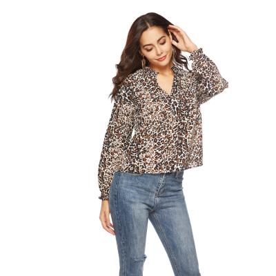 China newest design Anti-wrinkle leopard printed loose casual long sleeve women chiffon blouse OC523 for sale