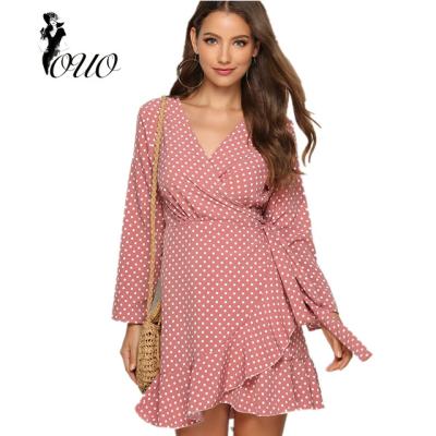 China Breathable Popular Sexy V-Neck Stitch Print Long Sleeves Korea Soft Design Women Dress OC106 for sale