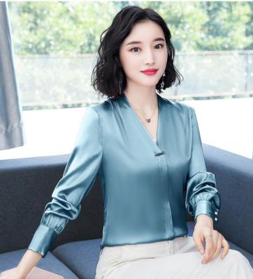 China Anti-wrinkle v-neck long sleeve design korea fashion office lady shirts OC31 beautiful women high quality silk shirts for sale