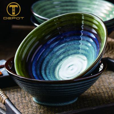 China Bulk Stocked Ceramic Ramen Bowl Stripe Paint Japanese Style Ramen Bowl for sale