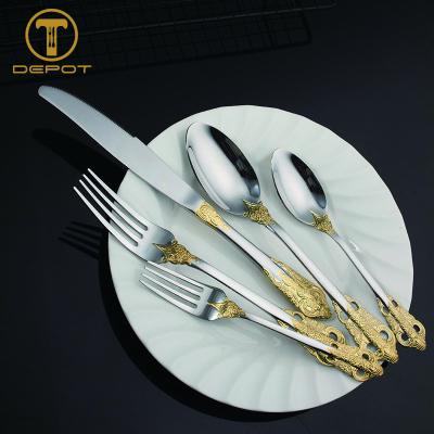 China Embossed Gold Handle Stainless Steel Cutlery Double Thickness Stocked Dining Cutlery for sale