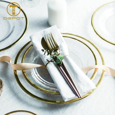 China Modern Simple Design Gold Rim Stocked Clear Glass Charger Dishes For Wedding for sale