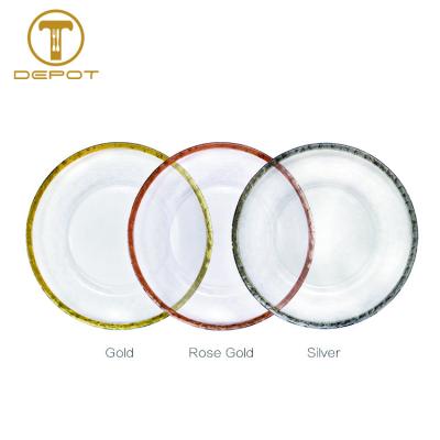 China Stocked Gold Elegant Reef Glass Charger Dish Decorative Glass Clear Rim for sale