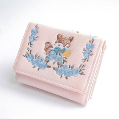 China Fashion moda comfortable cute PU leather wallet with embroidery fox style short carteras for girls pinch for sale