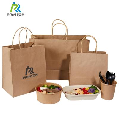 China Printon Recyclable Wholesale Custom Logo Food Grade Kraft Paper Takeout Reusable White Brown Paper Bag for sale