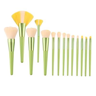 China Angular Blush Wholesale 10 Vegan High End Cute Green Synthetic Hair Women Professional Wooden Makeup Set Brush 14pcs Professional Private Label for sale