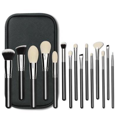 China Angular Blush Wholesale Large Full Synthetic 15 Pcs Vegan Black Goat Hair Fluffy Premium Luxury Custom Makeup Brush Set With Bag for sale