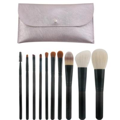 China Angular Blush Wholesale 10pcs High End Premium Black Private Label Goat Hair Luxury Custom Vegan Brown Makeup Set Brush With Bag for sale