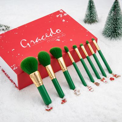 China Angular Blush Synthetic Fluffy Green Wholesale Christmas Gift Wholesale Professional Face Eyeshadow Makeup 8pcs Wood Set Brush for sale