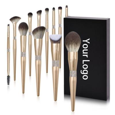 China Angular Blush Paper Box Beauty Needs 12pcs Customized Full Diamond Natural Hair Providers Gold Crystal Private Label Makeup Brush Set Women for sale