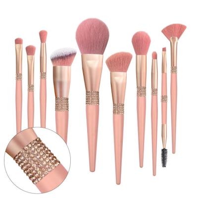 China Angular Blush 10pcs Natural Diamond Barrel Hair Crystal Rhinestone Bling Glitter Pink Eco-Friendly Private Label Makeup Brushes for sale